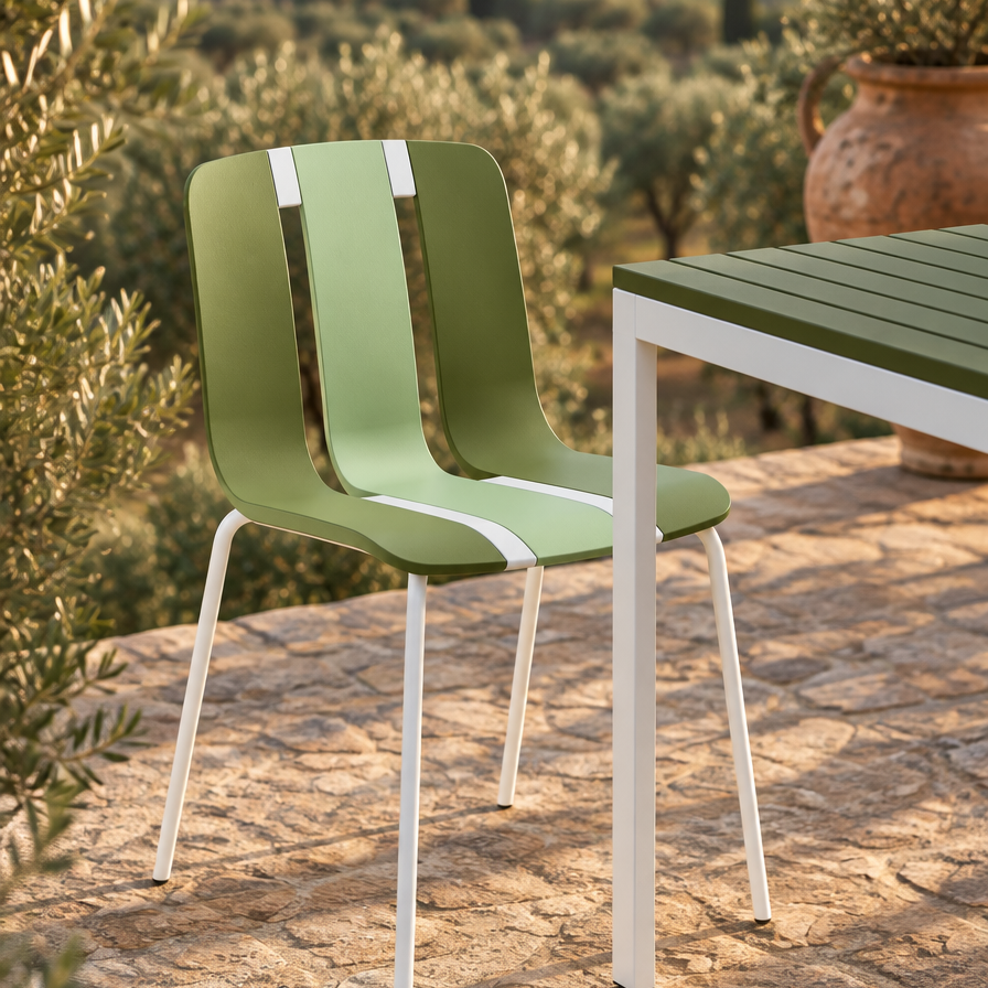 Chaise Slide Olive au coin de la table RIVA, vue de detail