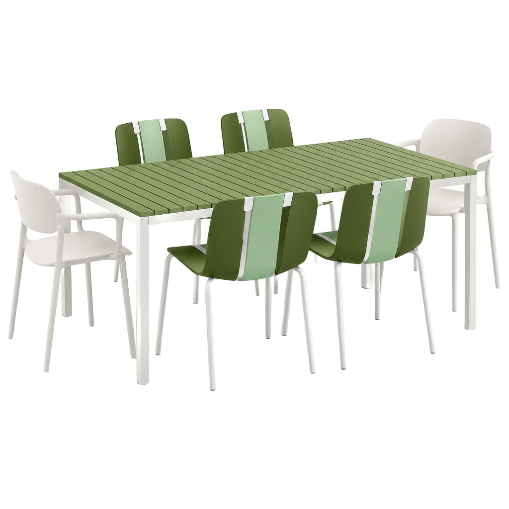 Set Shared Table Slide Olive et Osoppo, table RIVA 6 places, deux fauteuils Osoppo et quatre chaises Slide, fond detoure