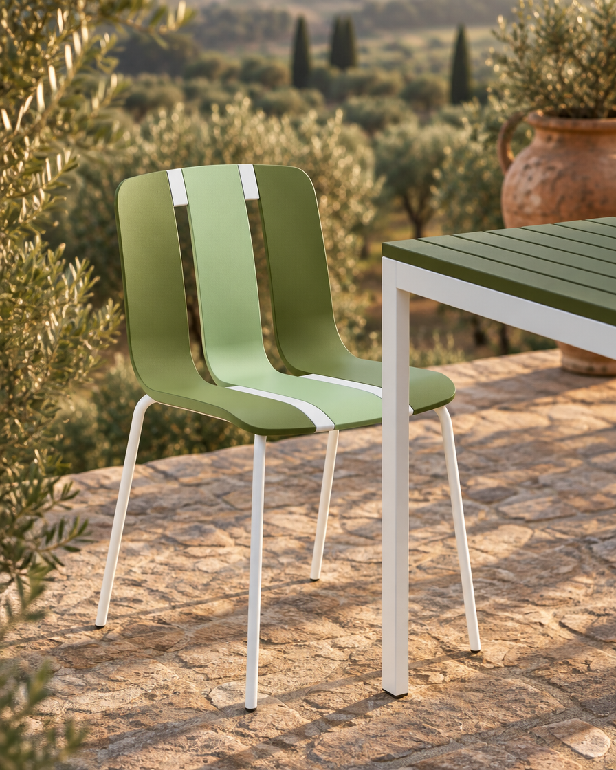 Chaise Slide Olive au coin de la table RIVA