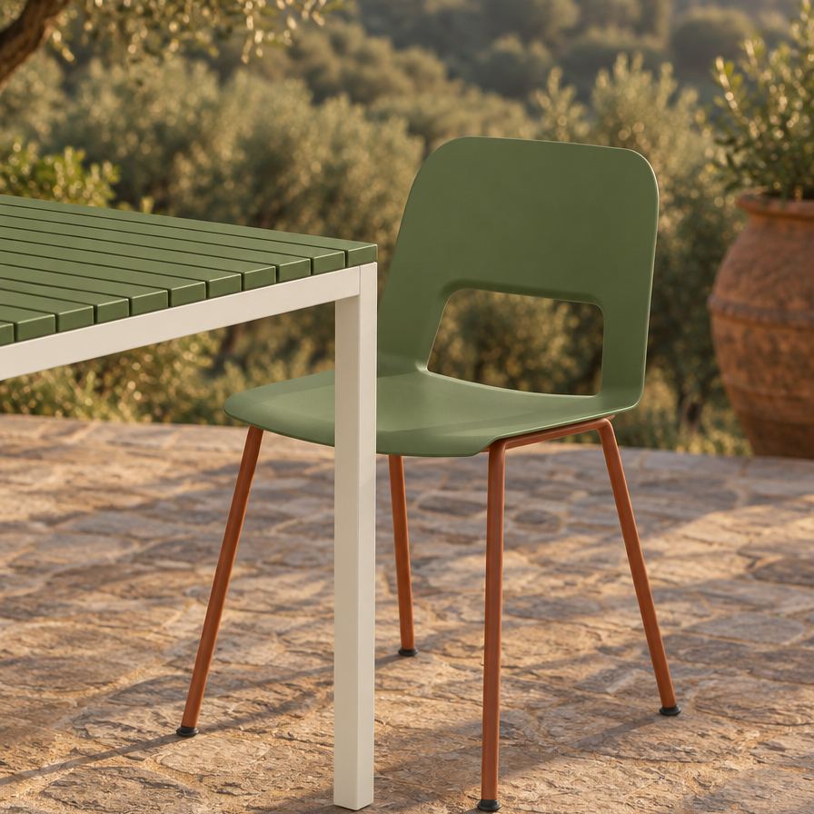 Chaise Alma Olive au coin de la table RIVA, vue de detail