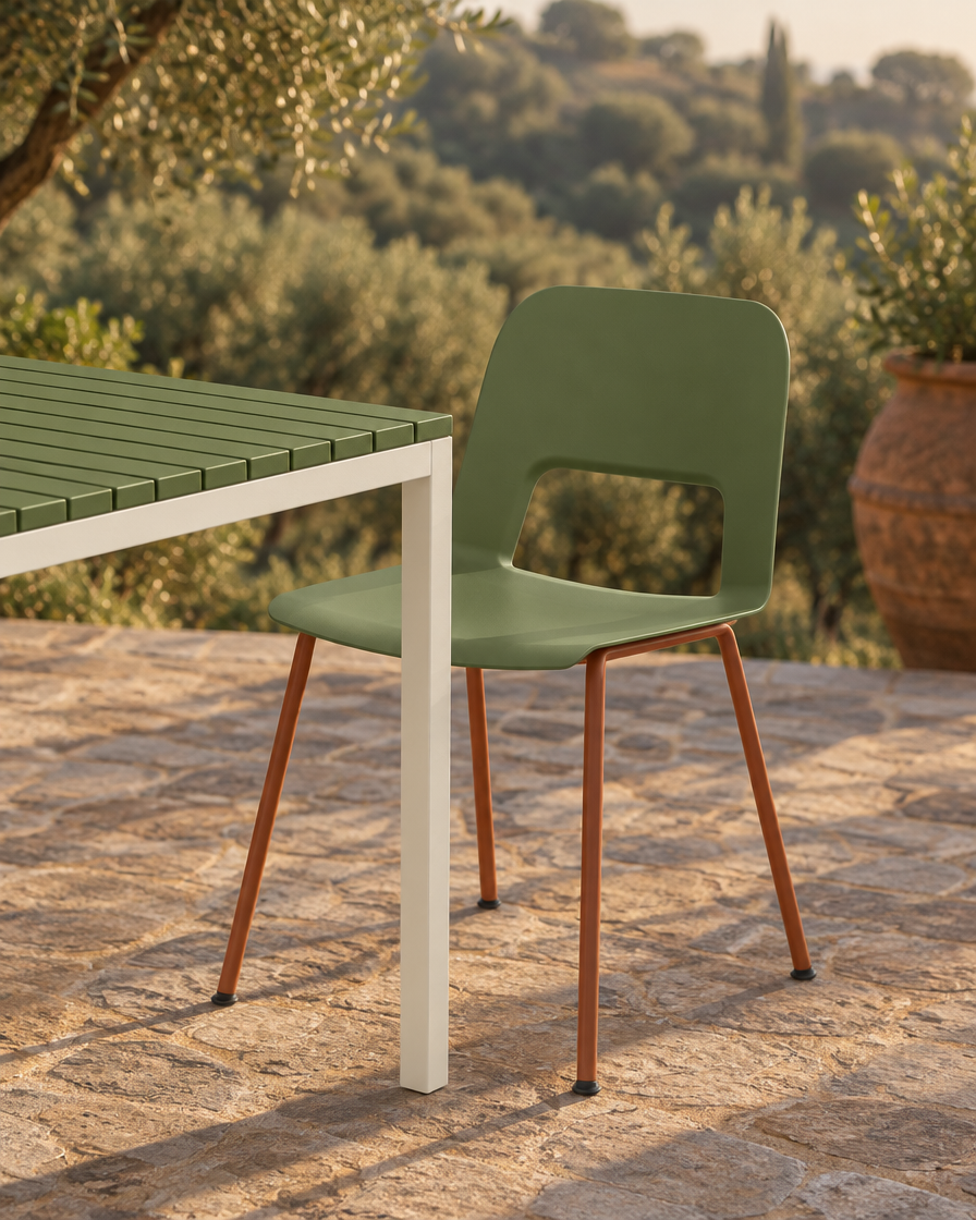 Chaise Alma Olive au coin de la table RIVA