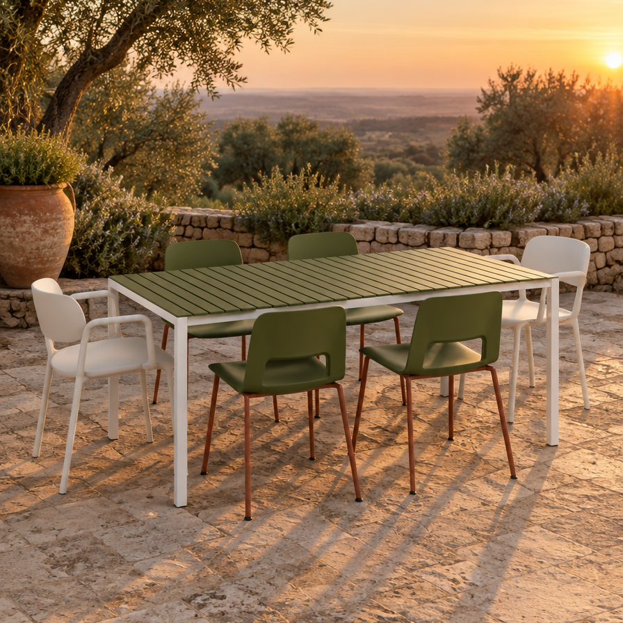 Set Shared Table Alma Olive et Osoppo sur une terrasse en fin de journee