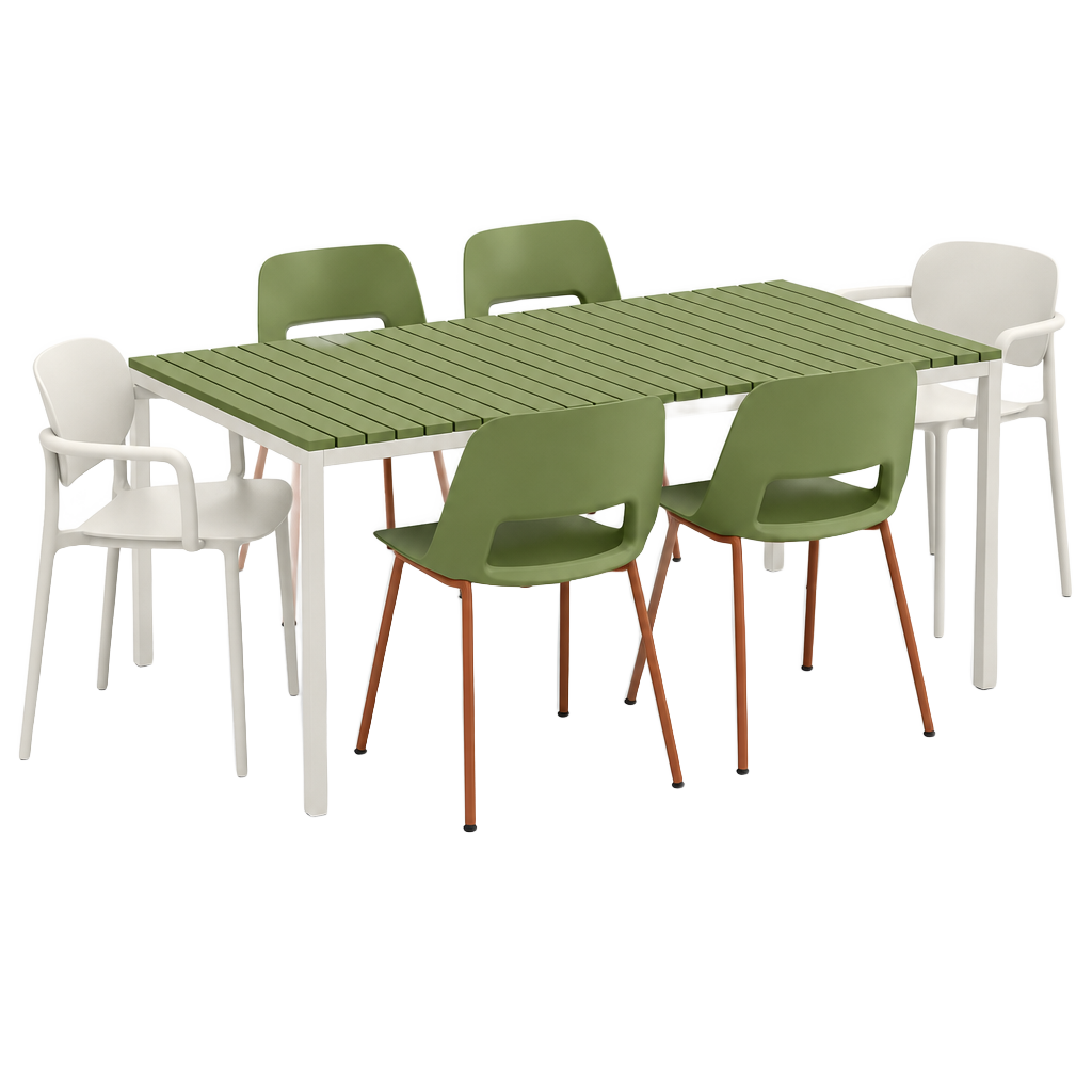 Set Shared Table Alma Olive et Osoppo, table RIVA 6 places, deux fauteuils Osoppo et quatre chaises Alma, fond detoure
