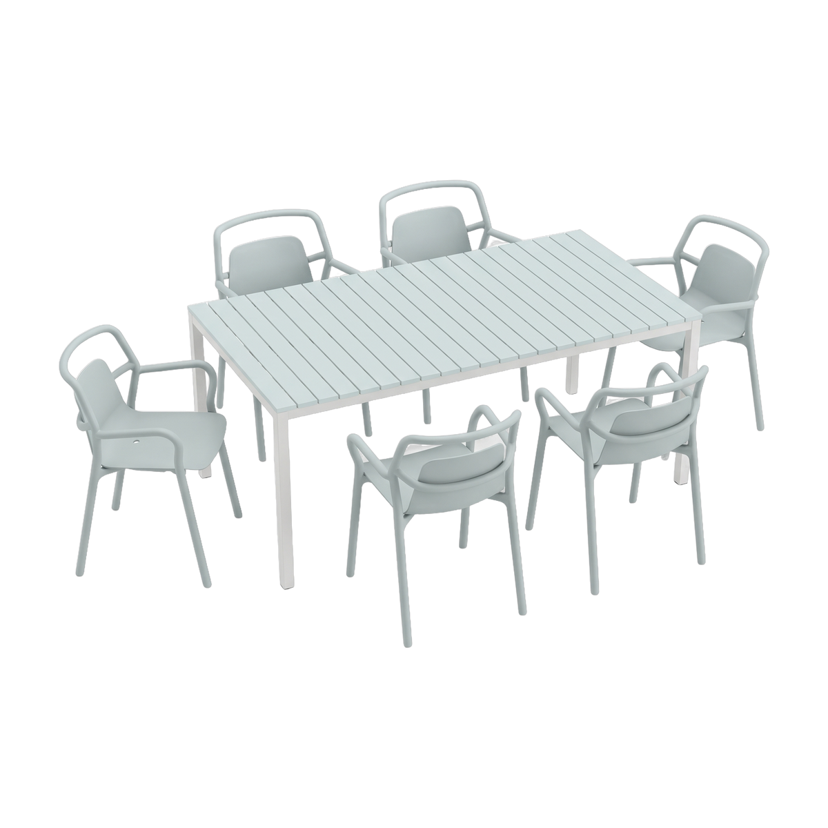 Set Shared Table Mia&Mimi Sea Mist, table RIVA 6 places et six chaises Mia&Mimi, deux de chaque cote et une a chaque bout, fond detoure